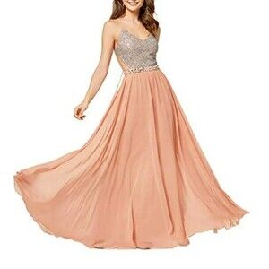 City Studios Juniors Gown Dress Sz 9 Beaded Blush Silver Open Back Evening Gown